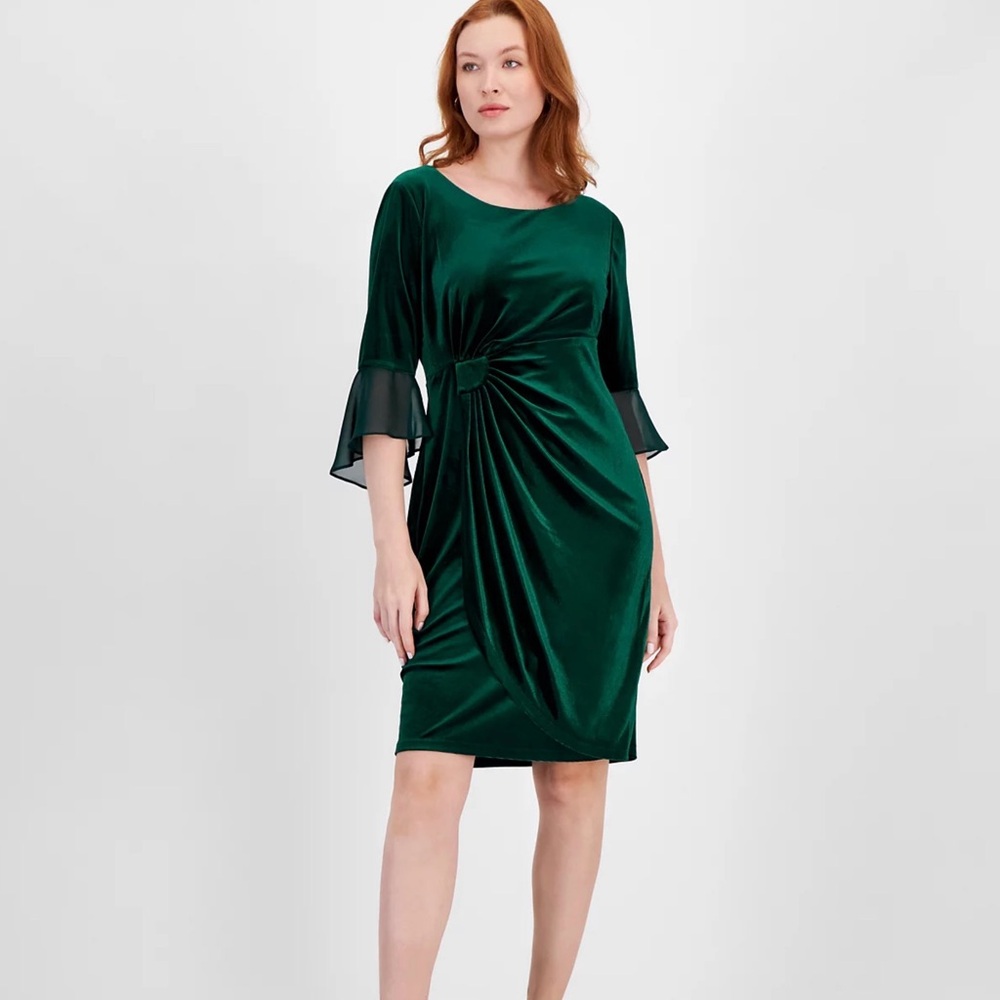 Green Velvet Dress Side-Gathered Bell-Sleeve Wrap